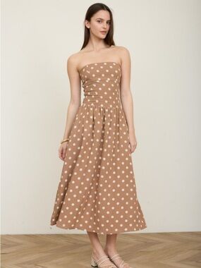 084. Polka dot strapless midi dress in brown and white